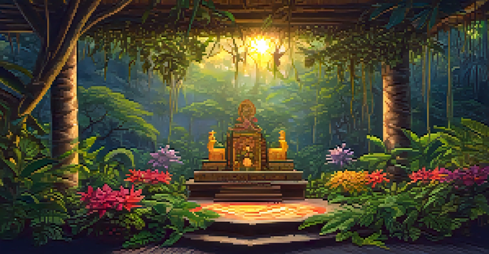 A tranquil rainforest scene featuring intertwined vines and a wooden altar with ceremonial items, illuminated by golden dusk light.