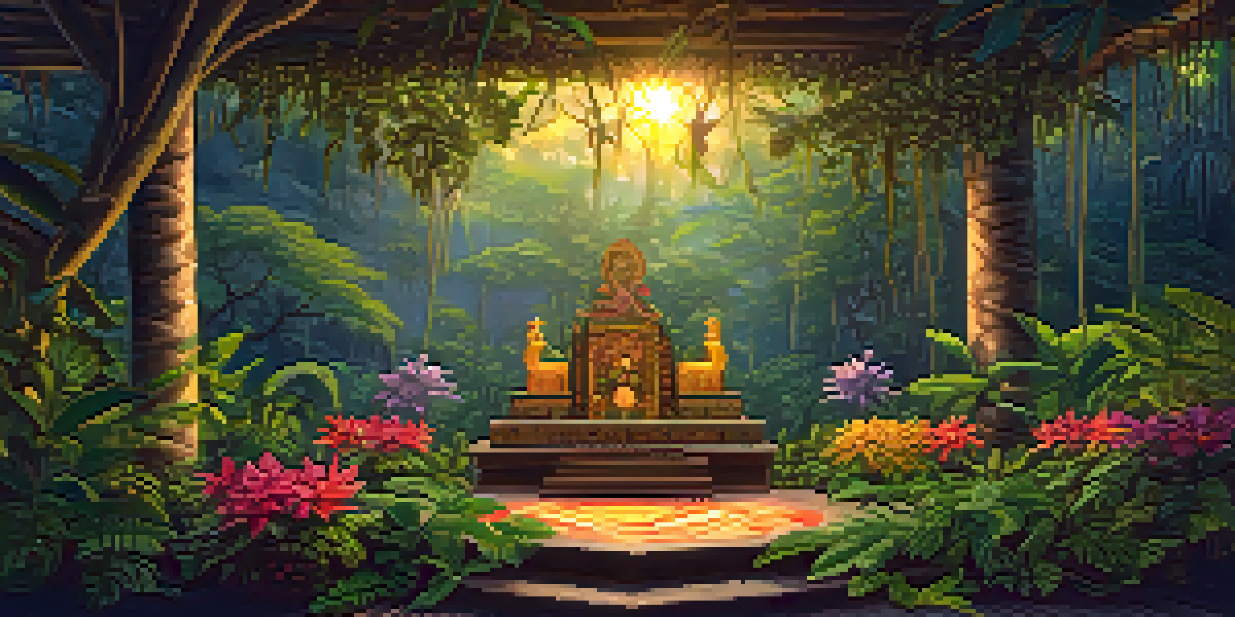 A tranquil rainforest scene featuring intertwined vines and a wooden altar with ceremonial items, illuminated by golden dusk light.