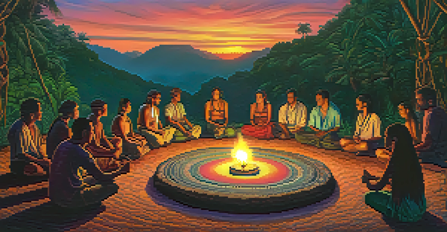 A group of people in a circle during an ayahuasca ceremony at twilight, illuminated by candlelight.