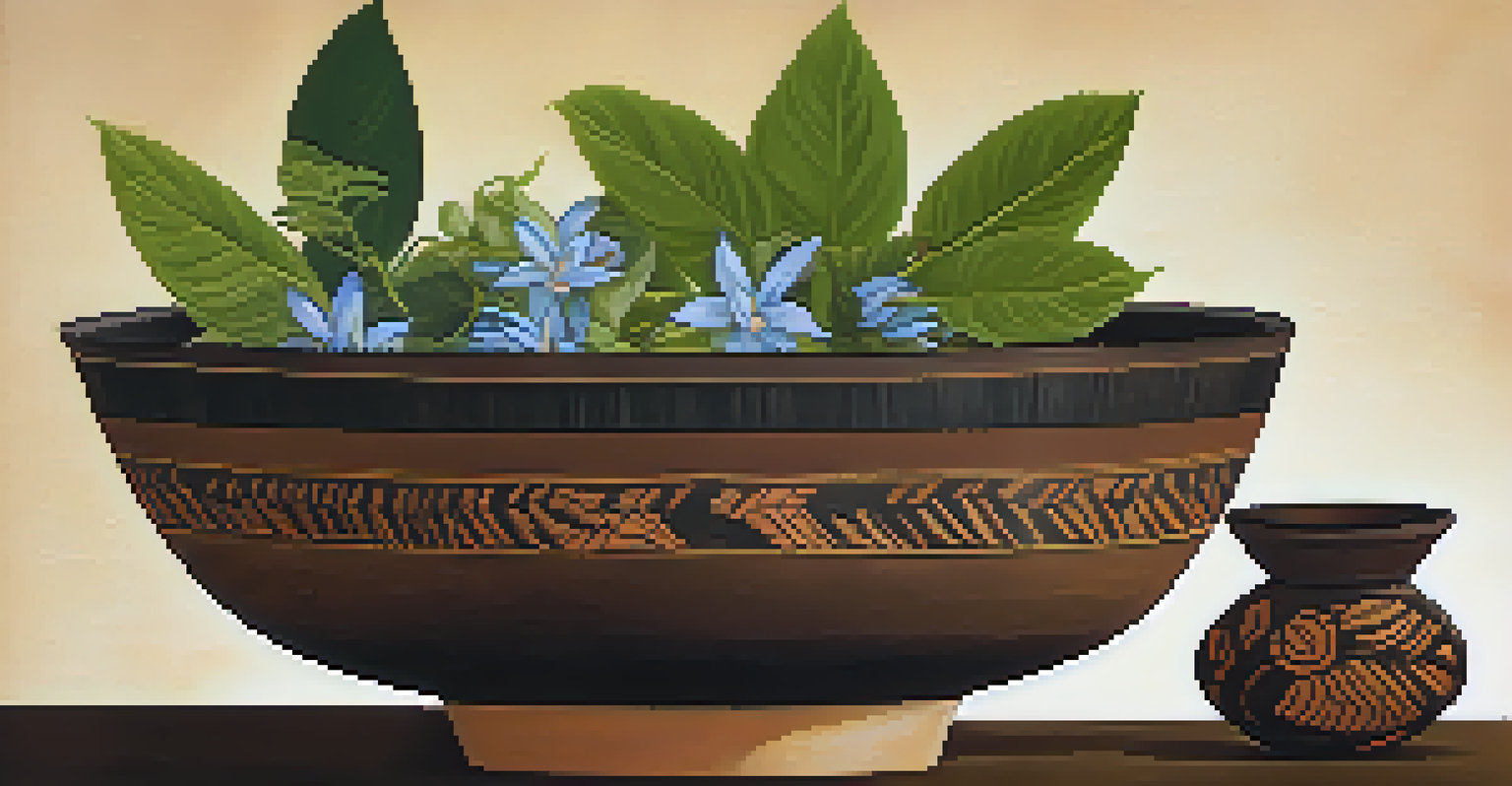 A close-up view of Ayahuasca brew in a handmade bowl, surrounded by Amazonian leaves and flowers.
