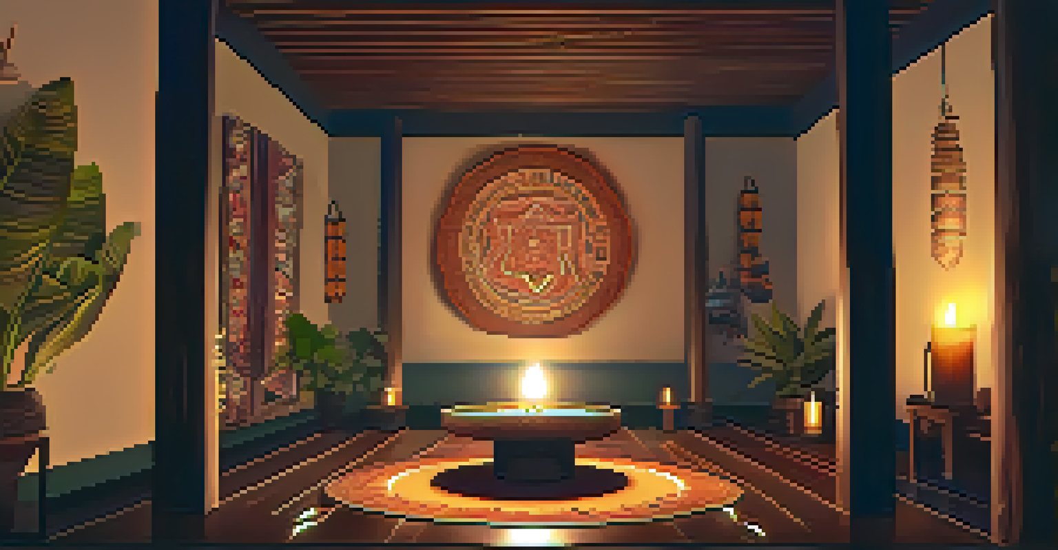 A cozy, dimly lit healing space for Ayahuasca ceremonies with comfortable mats, indigenous art, and a central altar with symbolic items.