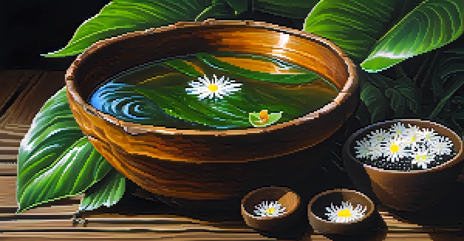 Close-up of ayahuasca brew in a rustic bowl, surrounded by green leaves and flowers on a wooden surface.