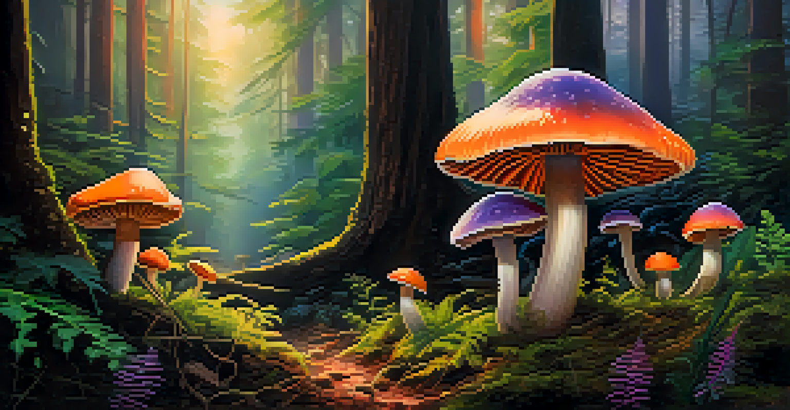 A colorful depiction of psilocybin mushrooms in a forest, surrounded by green ferns and soft light, creating a magical atmosphere.