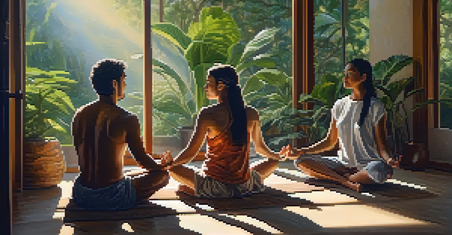 A couple meditating in a sunlit room with wooden furniture and plants, conveying calmness and unity as they prepare for their journey.