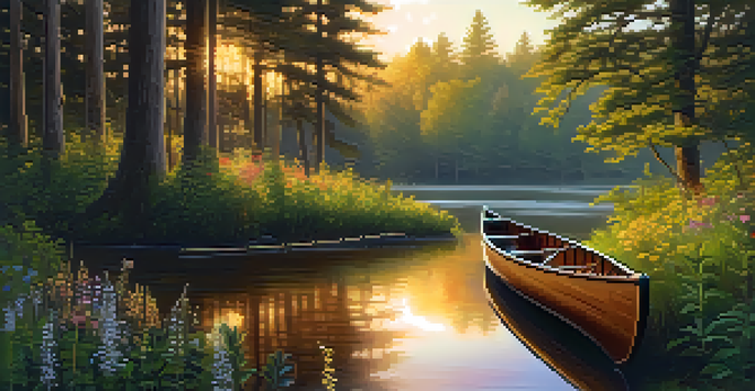 A peaceful forest at sunrise with a river and a moored canoe surrounded by flowers.