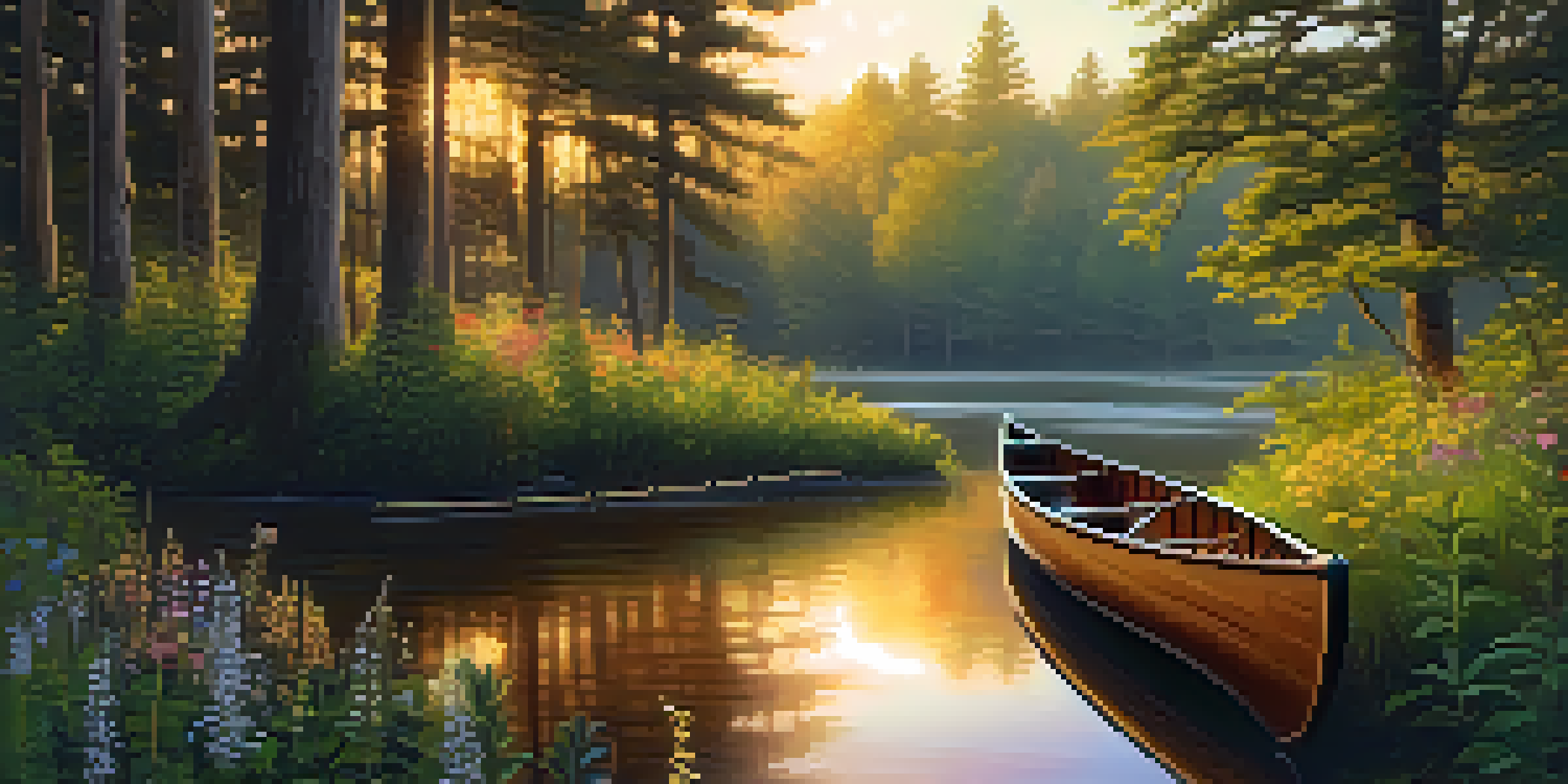 A peaceful forest at sunrise with a river and a moored canoe surrounded by flowers.
