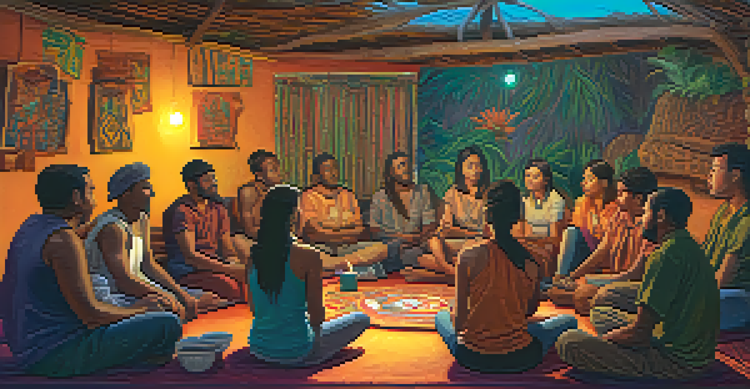 A group of individuals in an Ayahuasca integration circle, showing expressions of empathy and understanding while actively listening to each other in a colorful and supportive environment.