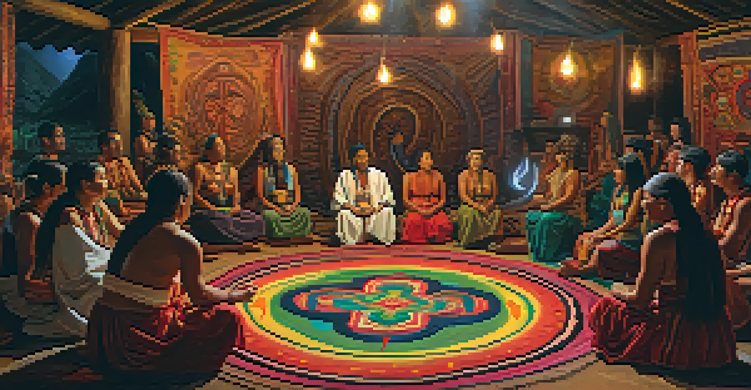 A cozy Ayahuasca ceremony setting with participants in a circle and a shaman singing in traditional attire.