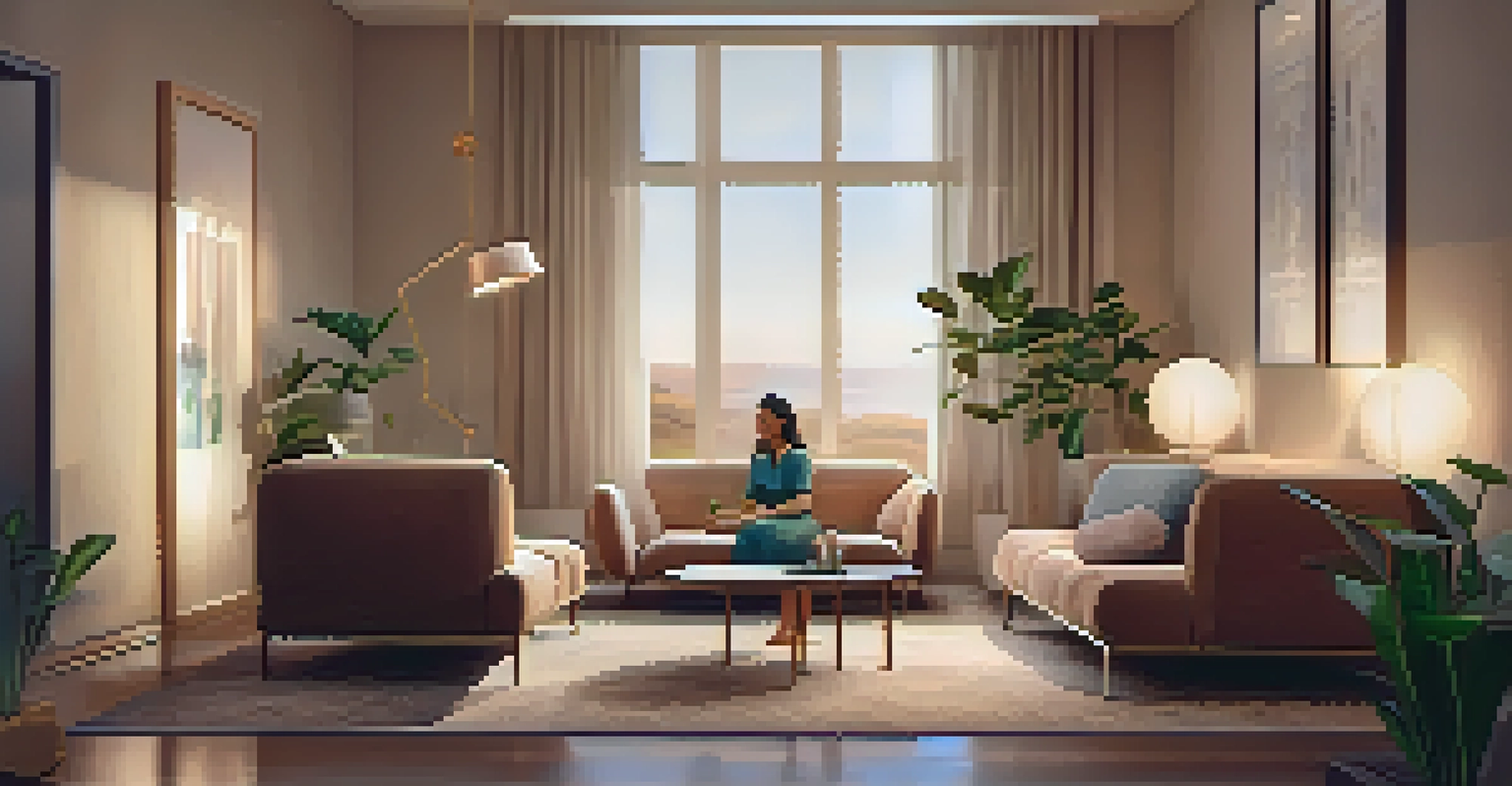 A cozy therapy room with warm lighting, a couch, and a therapist talking to a patient, creating a calming atmosphere.