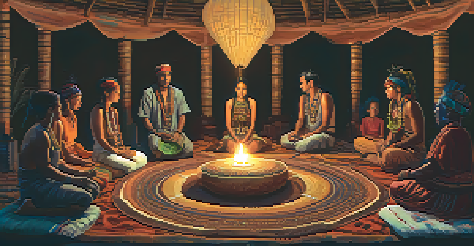 An intimate Ayahuasca ceremony with participants sitting in a circle, a shaman in the center singing, and warm candlelight creating a calming atmosphere.