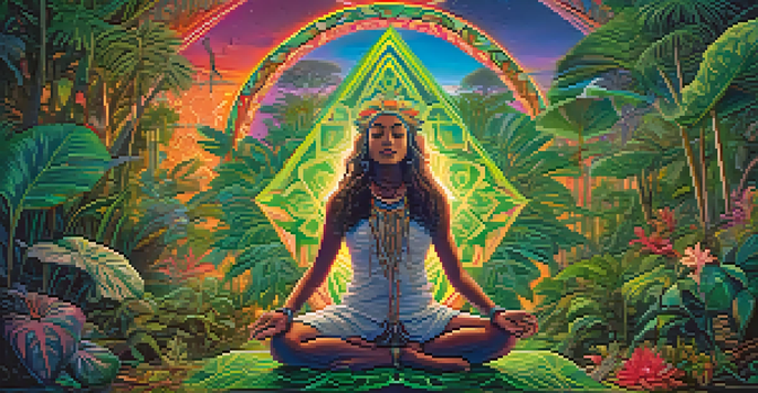 A person meditating amidst colorful geometric patterns and lush plants, symbolizing an Ayahuasca experience.
