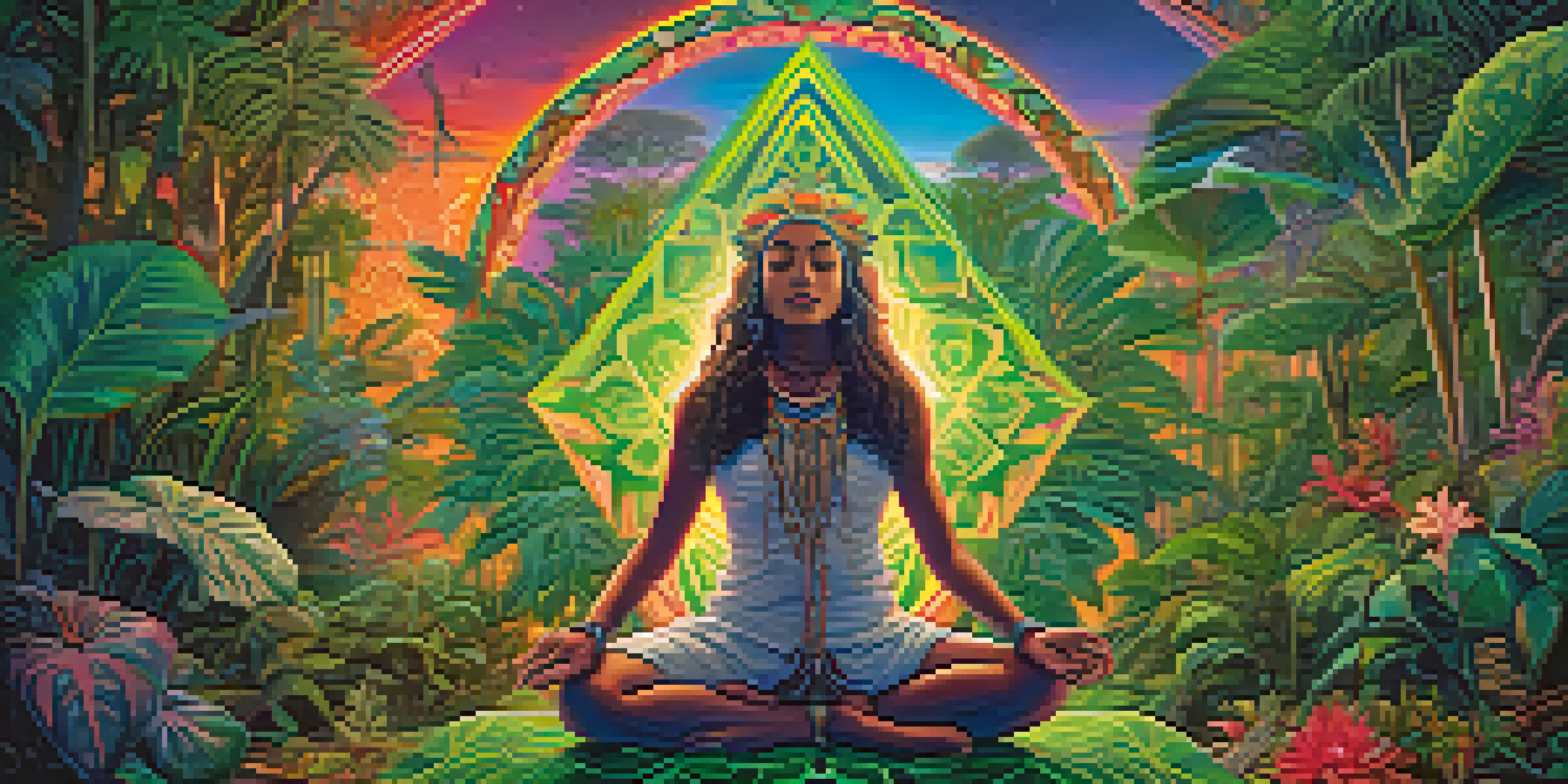 A person meditating amidst colorful geometric patterns and lush plants, symbolizing an Ayahuasca experience.