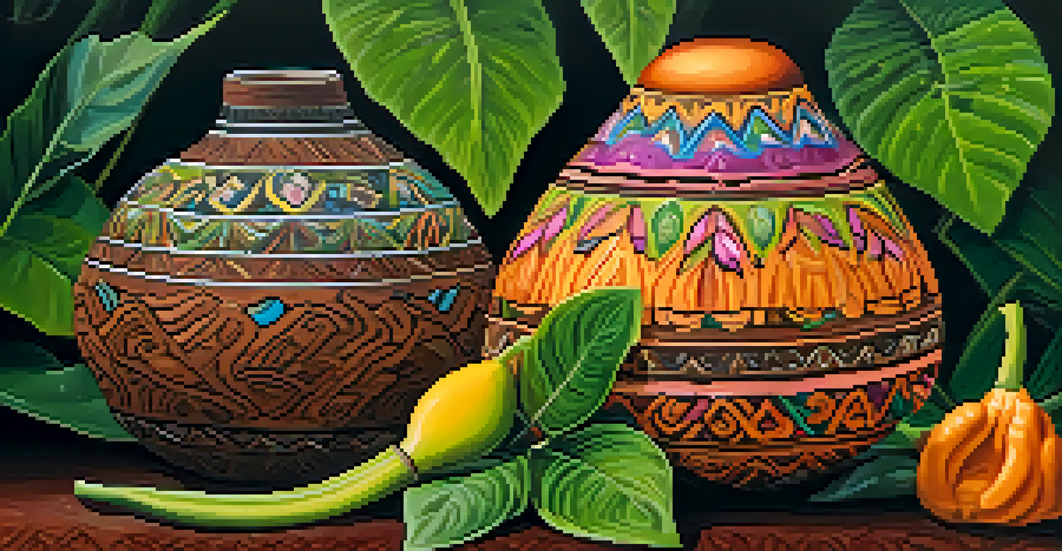 A close-up of Ayahuasca brew in a gourd surrounded by green leaves and colorful flowers.