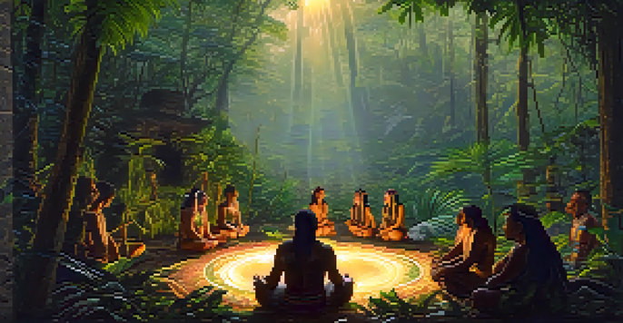 A peaceful Amazonian rainforest at dawn with a shaman leading a traditional Ayahuasca ceremony among lush green plants and soft mist.