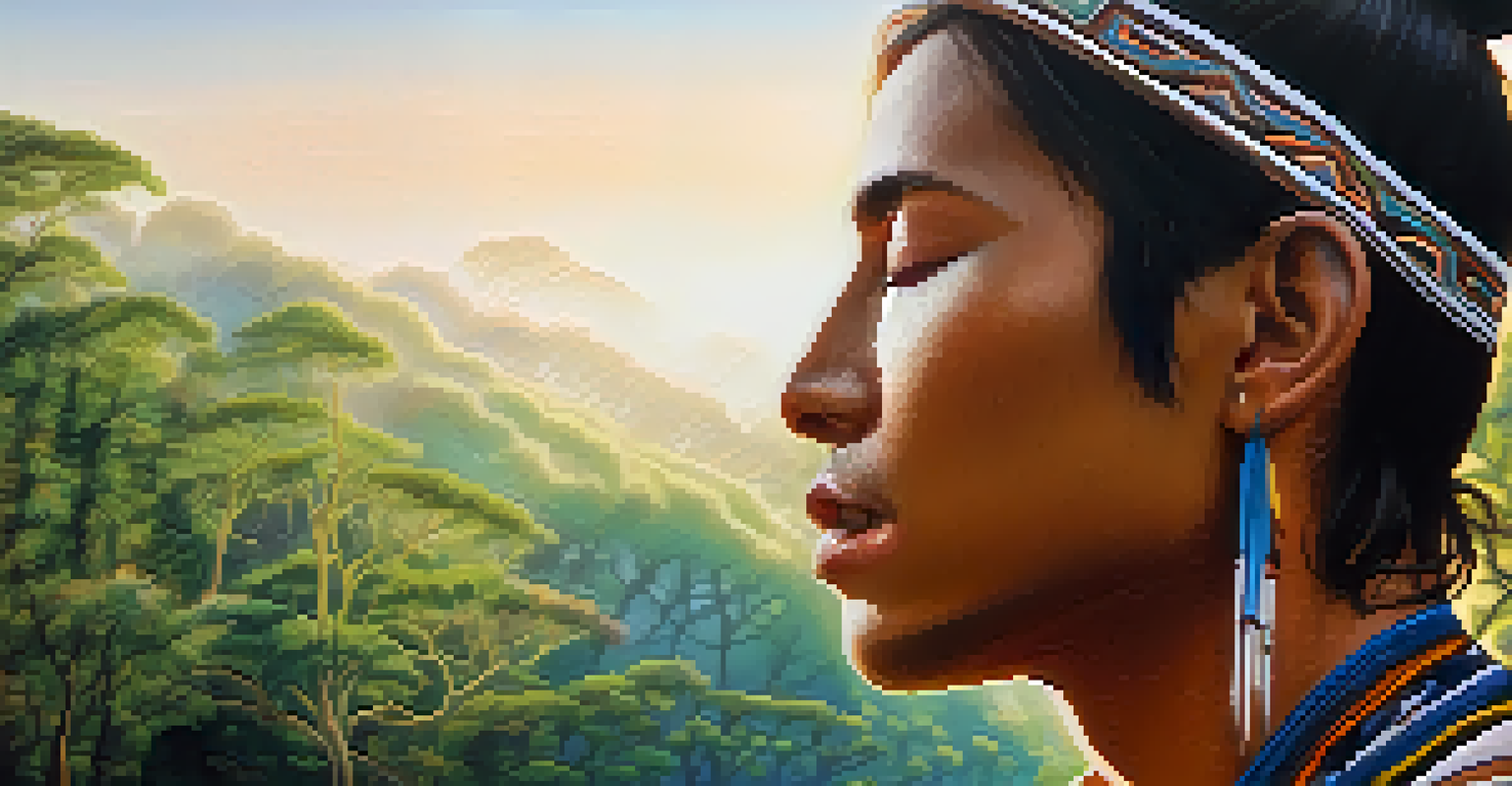 A close-up of a person meditating during an Ayahuasca ceremony, with nature in the background.