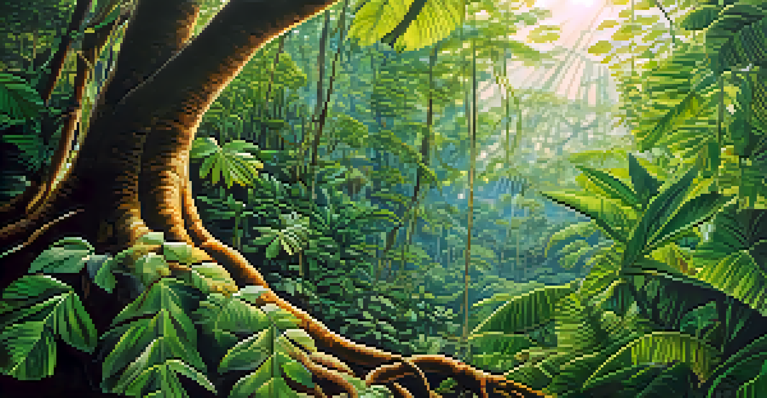 Close-up of ayahuasca plants in the Amazon rainforest, highlighting their textures against a blurred natural background.
