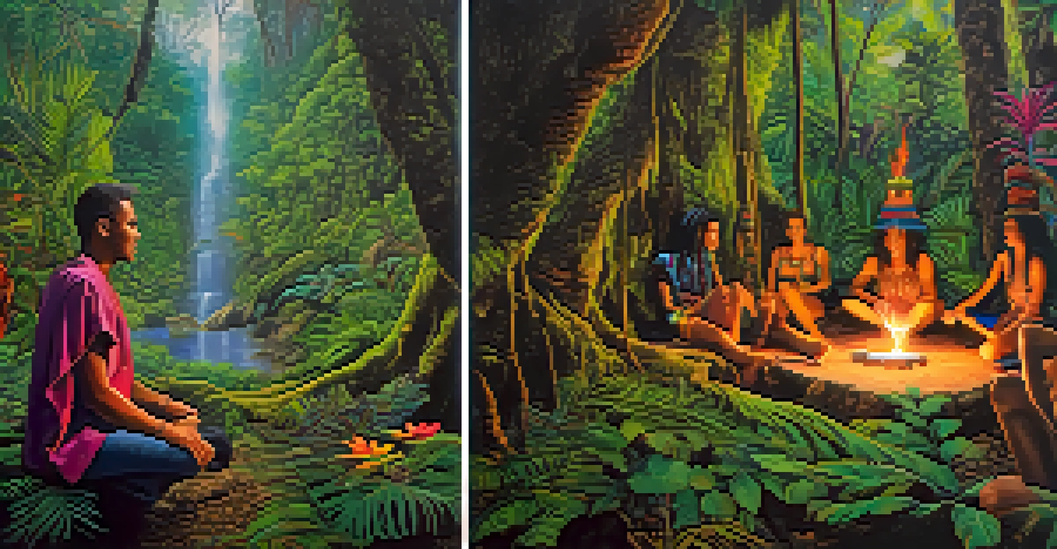 A split image showing an Ayahuasca ceremony in a jungle on the left and a modern LSD therapy session in a clinical setting on the right.