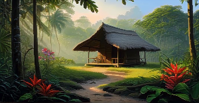 A peaceful Amazon rainforest at dawn with lush greenery, colorful flowers, and a traditional indigenous hut under soft morning light and rising mist.
