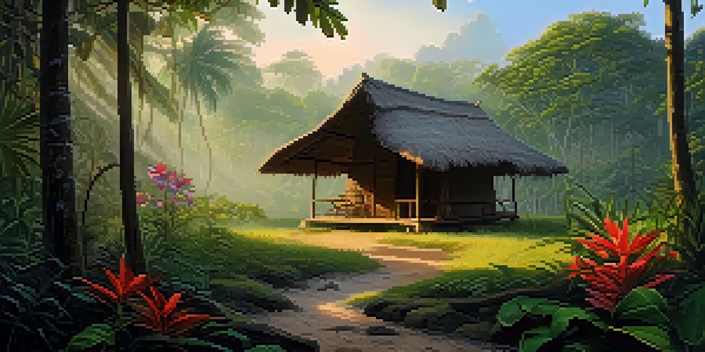 A peaceful Amazon rainforest at dawn with lush greenery, colorful flowers, and a traditional indigenous hut under soft morning light and rising mist.