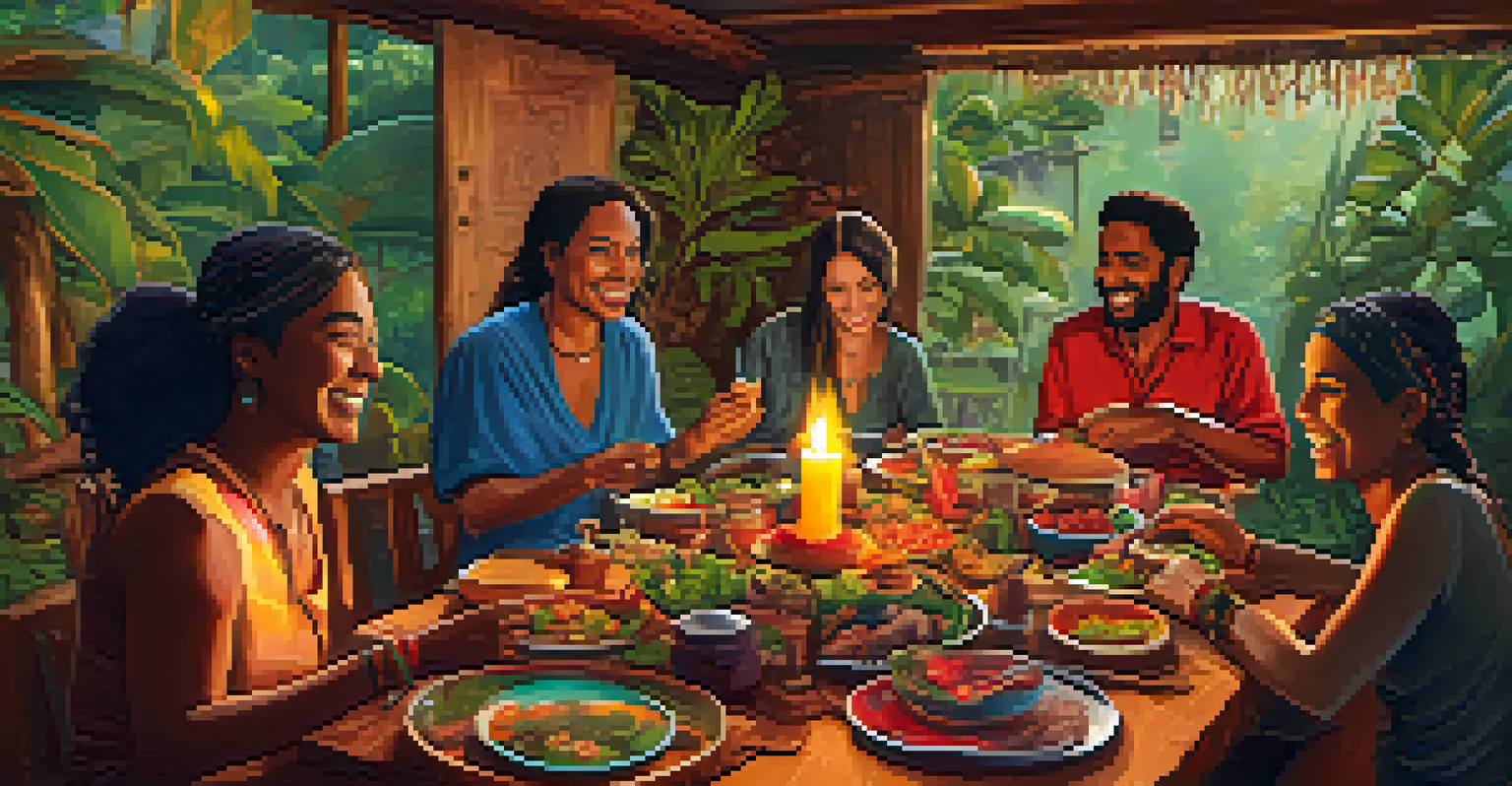 A group of participants enjoying a communal meal during an Ayahuasca retreat, with a warm and inviting atmosphere.