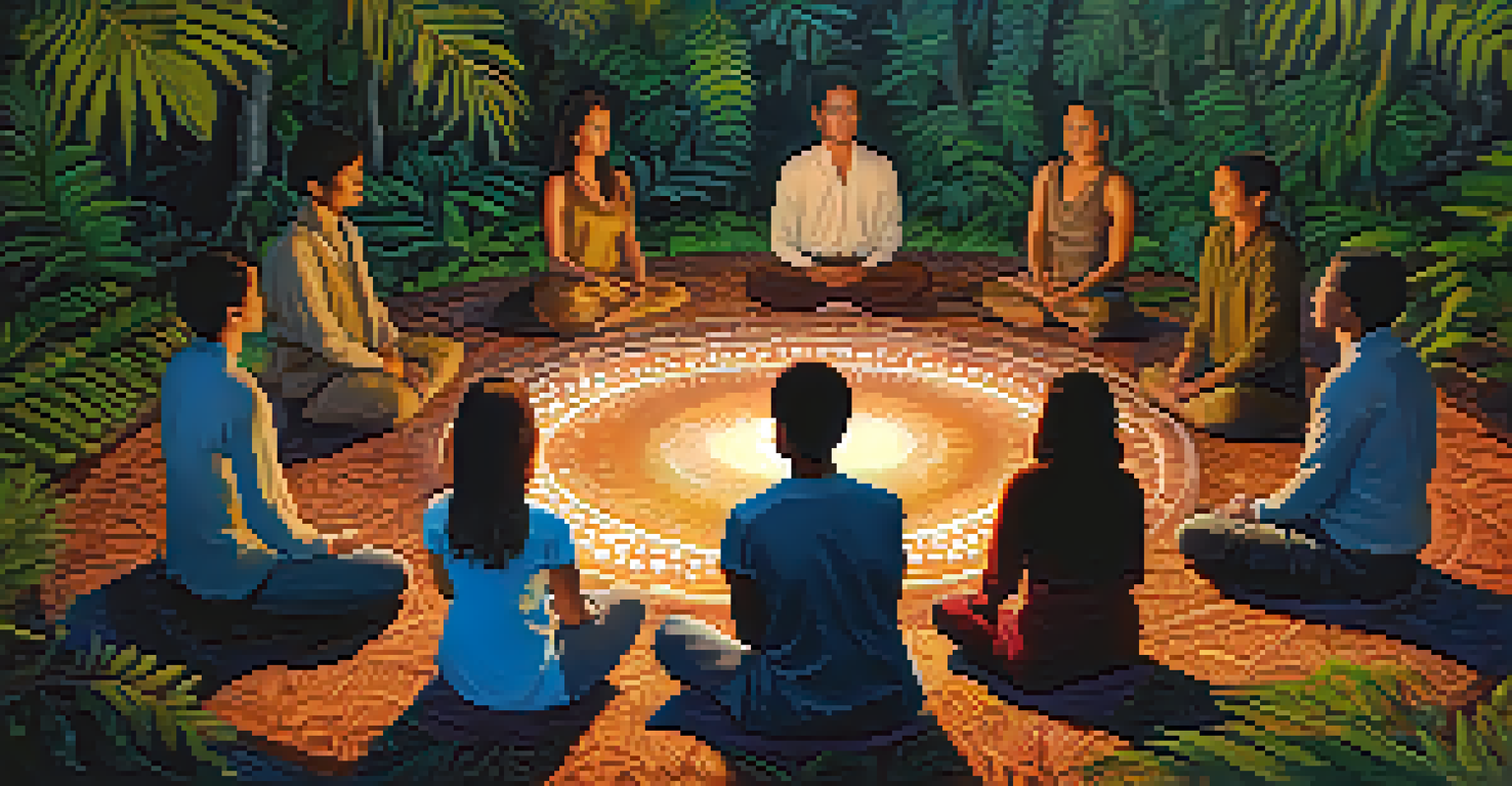 An Ayahuasca ceremony setting with cushions and candles, surrounded by lush forest foliage.