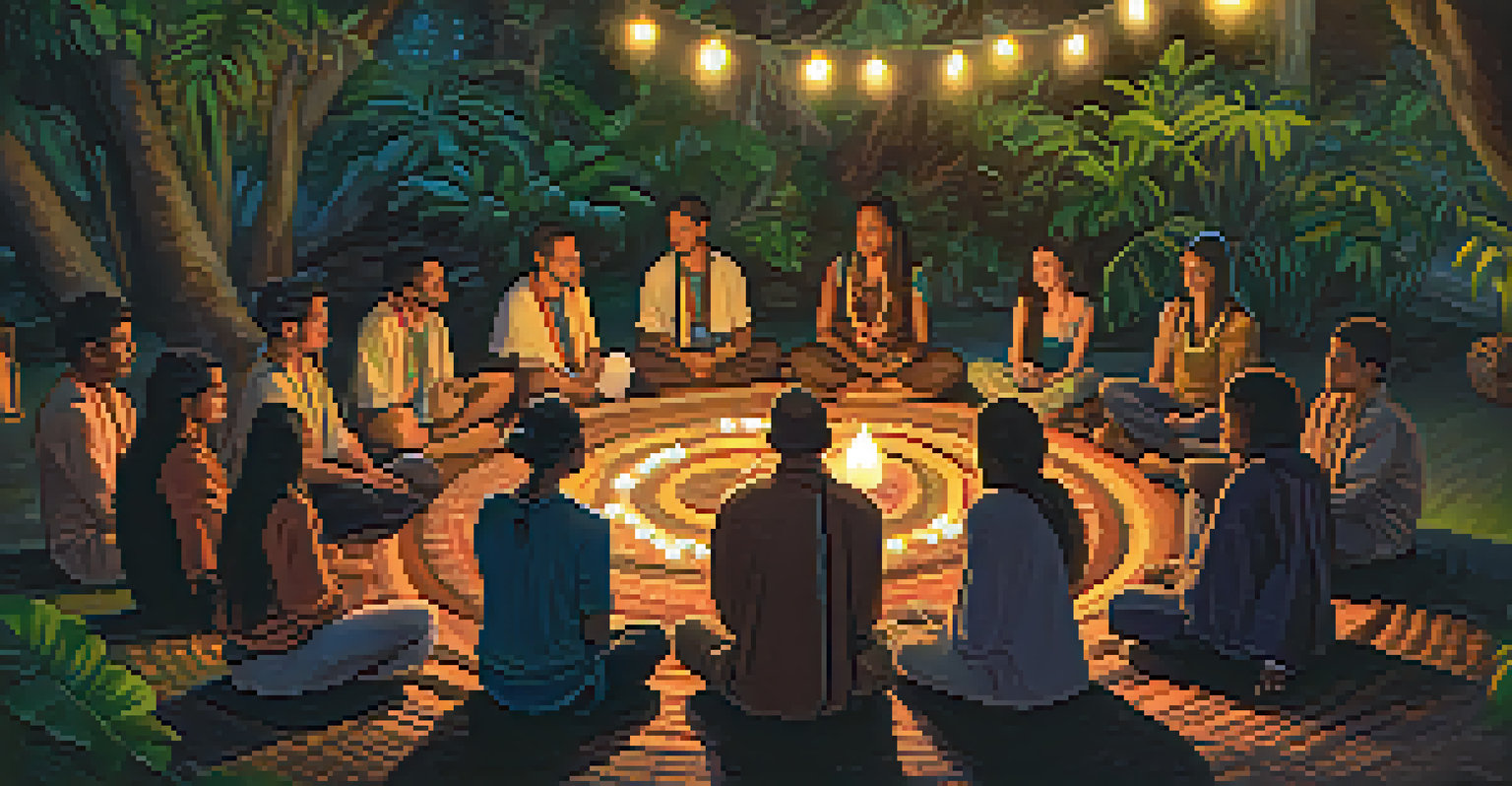 Diverse participants in a circle during an Ayahuasca ceremony, with a facilitator leading in a softly lit natural setting.