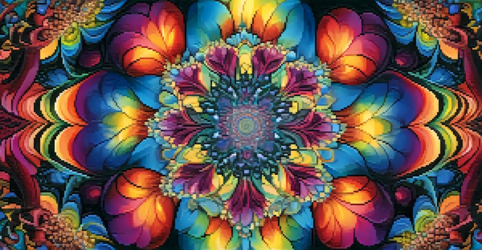 A colorful abstract image featuring swirling fractal patterns against a dark background, creating an immersive visual experience.