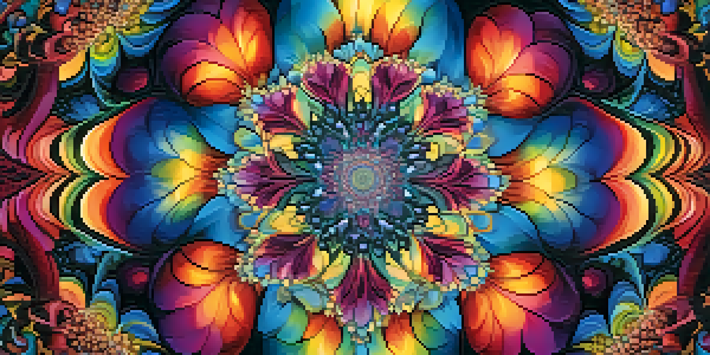A colorful abstract image featuring swirling fractal patterns against a dark background, creating an immersive visual experience.