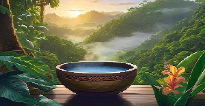 A peaceful Amazon rainforest at sunrise, featuring a clay bowl with Ayahuasca brew surrounded by green leaves and colorful flowers.