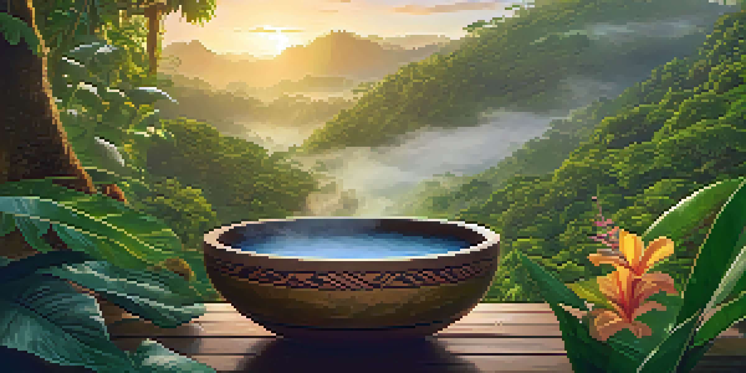 A peaceful Amazon rainforest at sunrise, featuring a clay bowl with Ayahuasca brew surrounded by green leaves and colorful flowers.