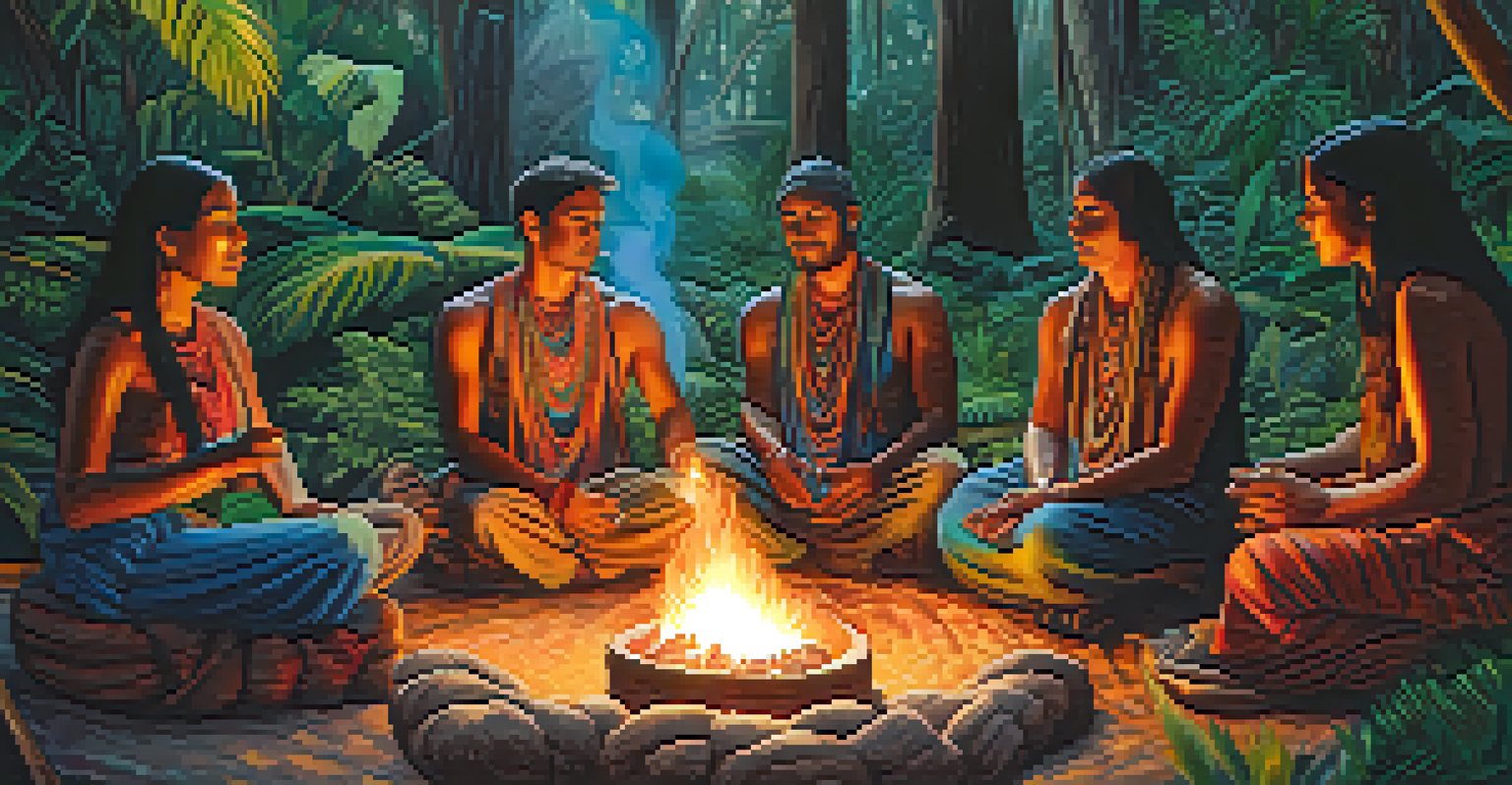 Participants in an ayahuasca ceremony sit in a circle around a fire, expressing deep emotions in a lush, natural setting.