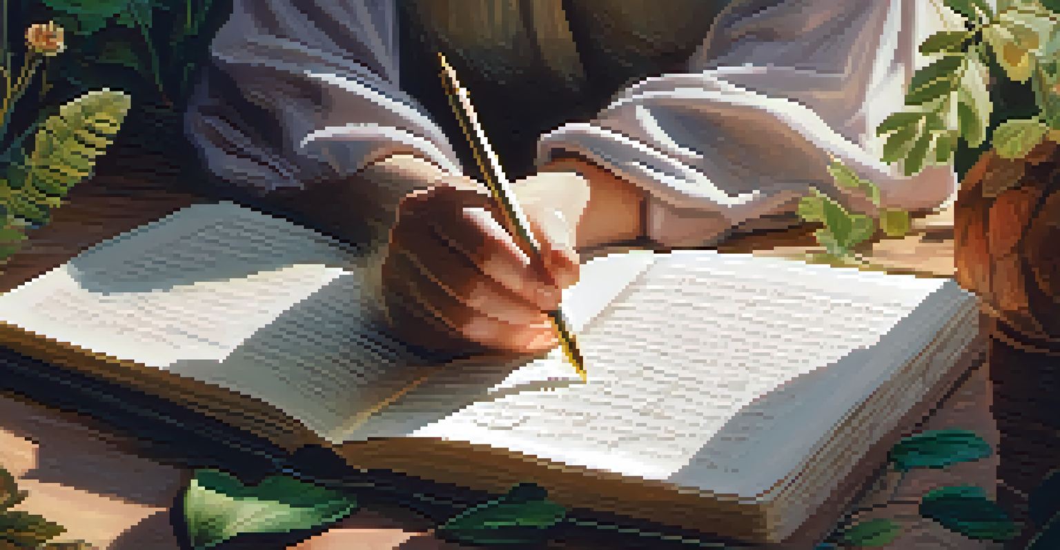 Close-up of hands writing in a beautifully designed journal, surrounded by leaves and flowers, in a soft, dreamy light.