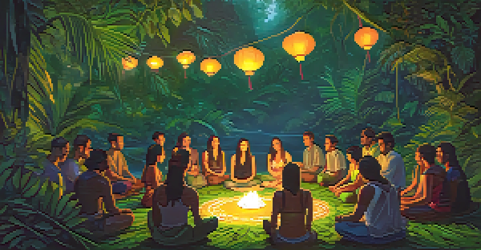 A peaceful gathering of participants in an Ayahuasca ceremony, surrounded by a dense jungle filled with greenery and flowers, illuminated by soft lantern light.