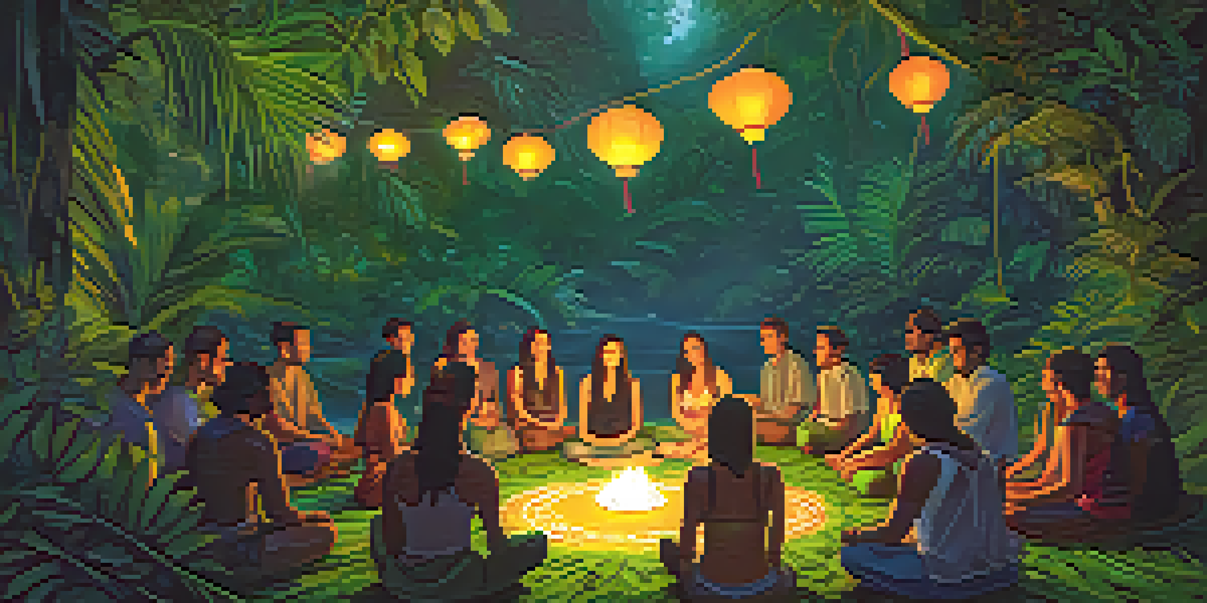 A peaceful gathering of participants in an Ayahuasca ceremony, surrounded by a dense jungle filled with greenery and flowers, illuminated by soft lantern light.