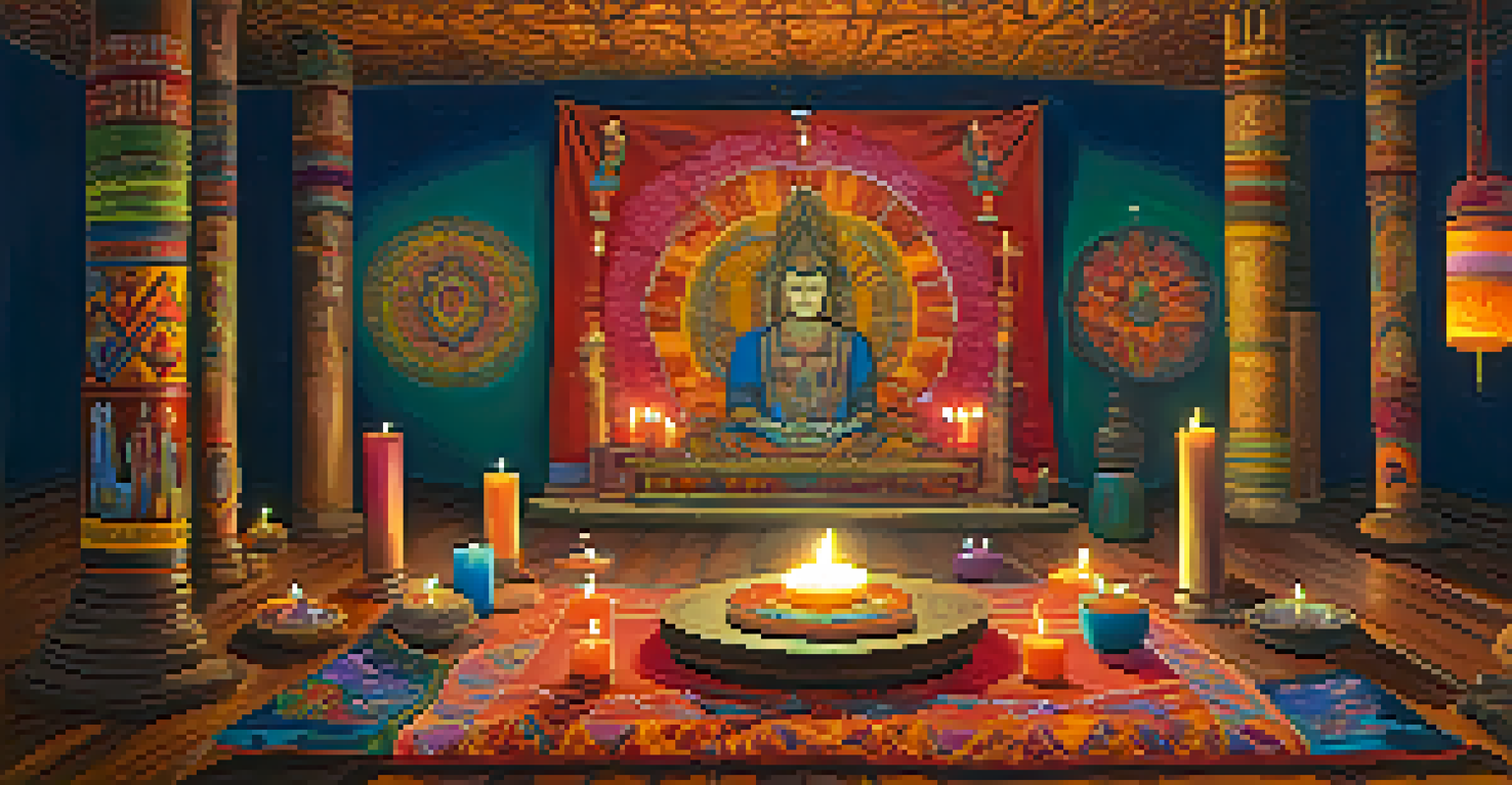 A candle-lit ayahuasca ceremony setting with an altar decorated with flowers and crystals, creating a tranquil atmosphere.