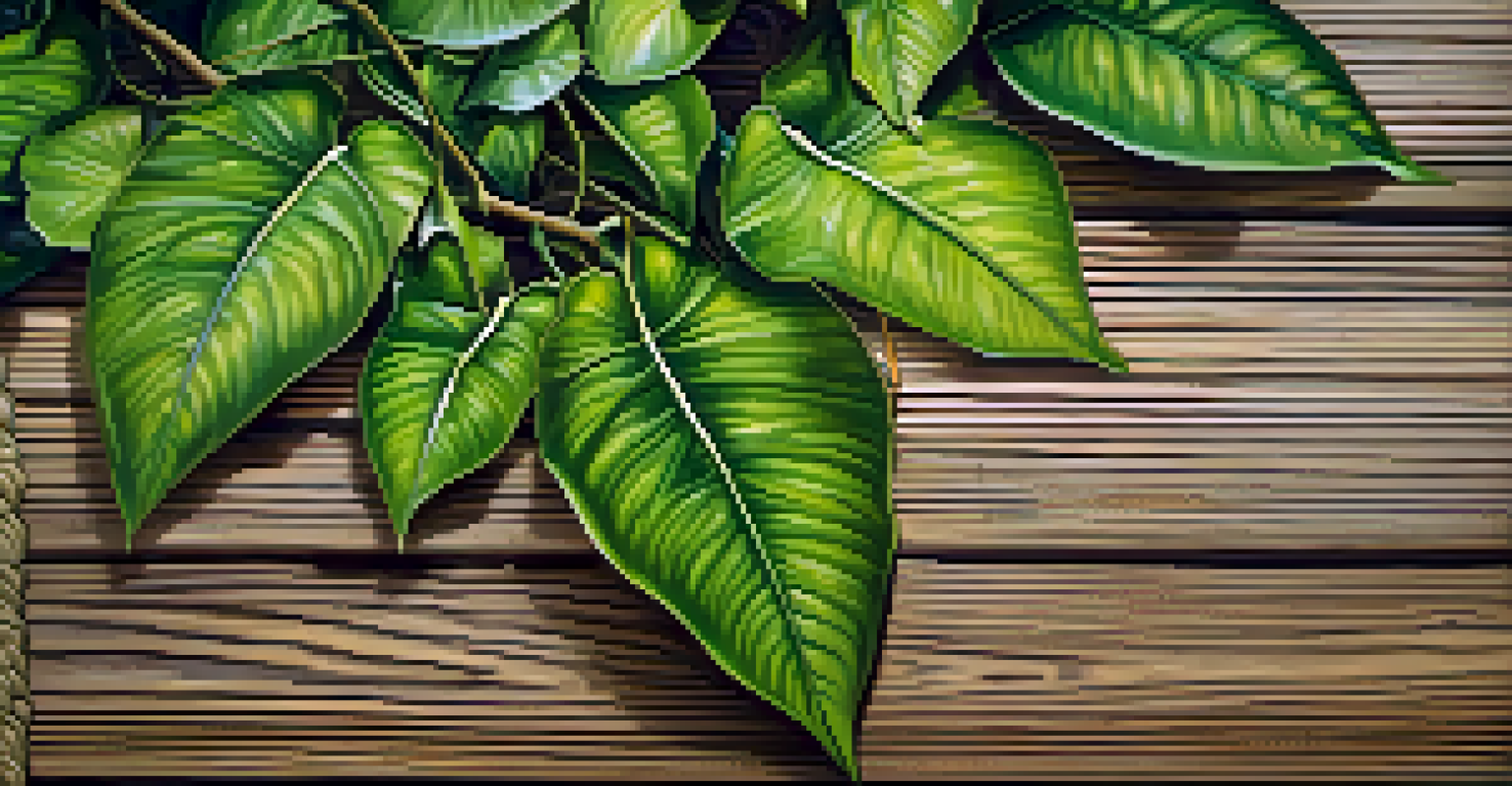 Close-up of Banisteriopsis caapi vine and Psychotria viridis leaves on a wooden surface, showcasing their textures and green colors with a blurred Amazonian landscape in the background.