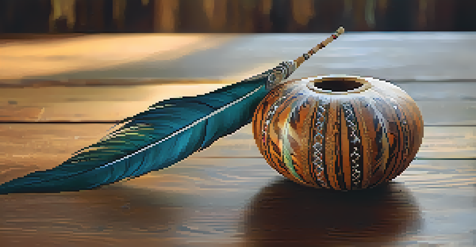 A close-up of a handcrafted Ayahuasca gourd and ceremonial feather on a wooden table, illuminated by warm lighting.