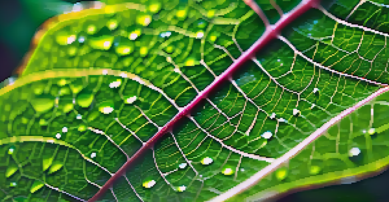 A close-up of a dew-covered Psychotria viridis leaf, emphasizing its intricate veins and vibrant green color.