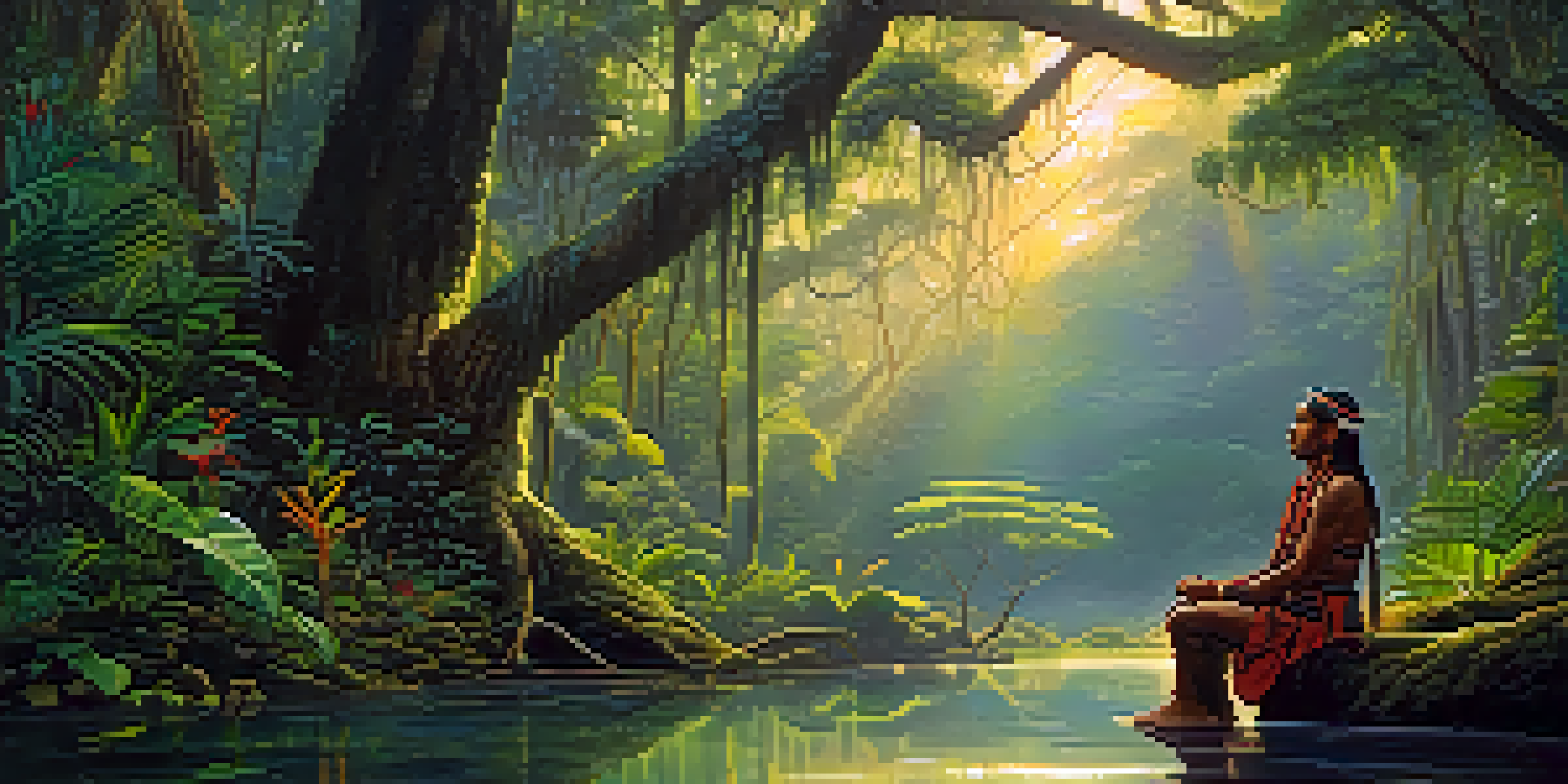 A peaceful Amazon rainforest at dawn with lush greenery, flowers, and a river, featuring a shaman in traditional attire preparing for a ceremony.