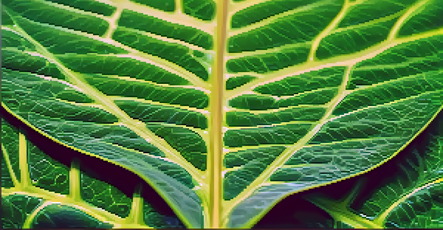 A close-up of a lush green Psychotria viridis leaf with dew drops, highlighting its texture against a soft-focus rainforest background.