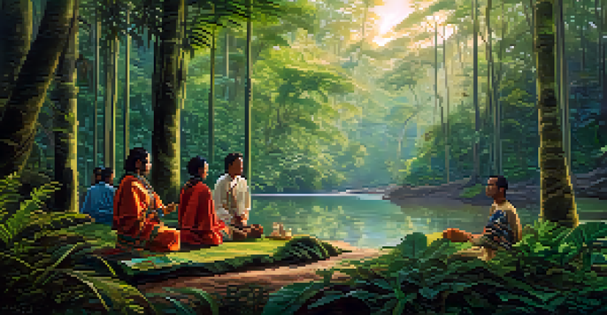 A tranquil Amazon rainforest scene with a river and participants in a circle, guided by a shaman, reflecting on their Ayahuasca experience.