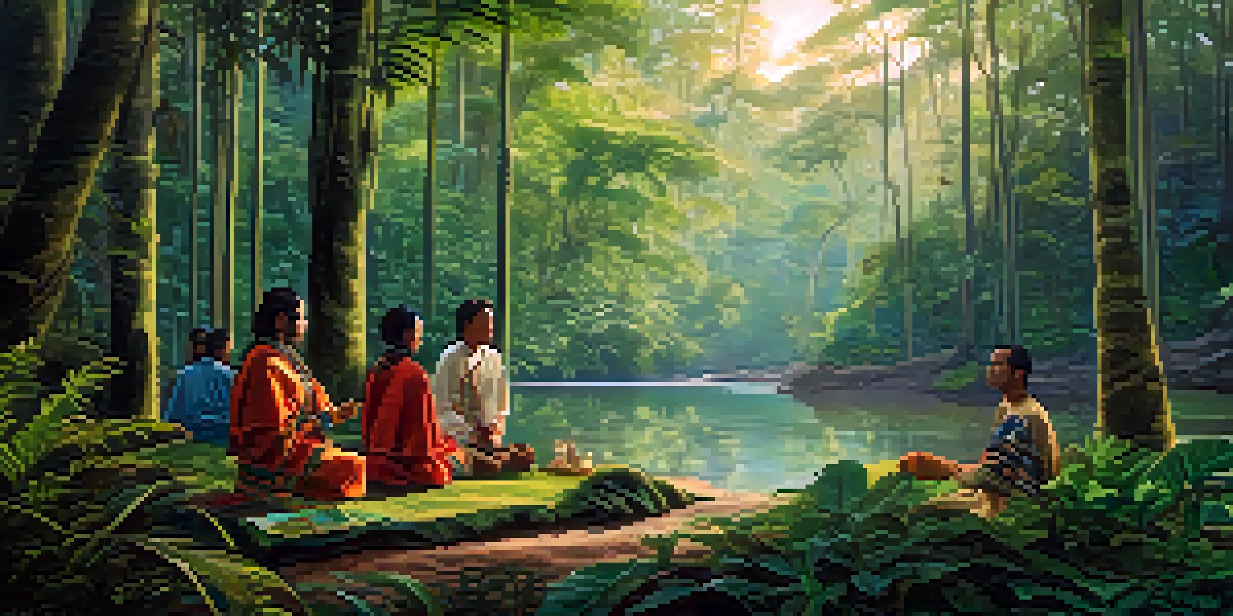 A tranquil Amazon rainforest scene with a river and participants in a circle, guided by a shaman, reflecting on their Ayahuasca experience.