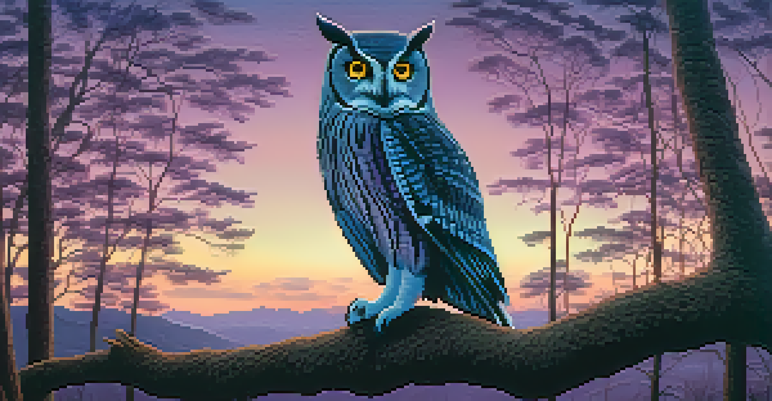 An owl sitting on a tree branch at dusk, symbolizing wisdom, with silhouettes of people walking in the forest below, representing the integration of ayahuasca lessons.