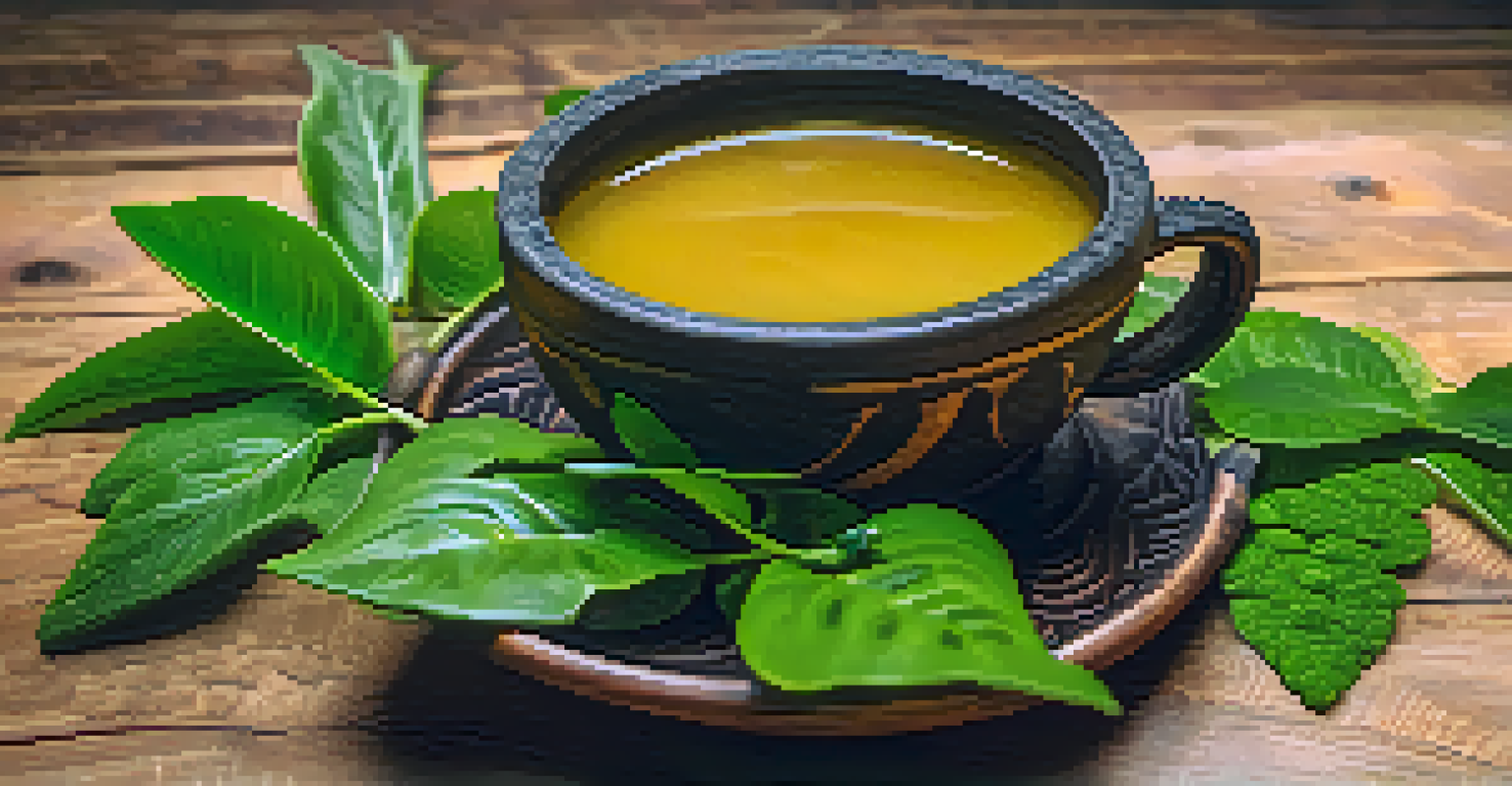 A close-up of an ayahuasca brew in a ceramic cup with fresh leaves from the plants used to make it, set on a wooden surface.