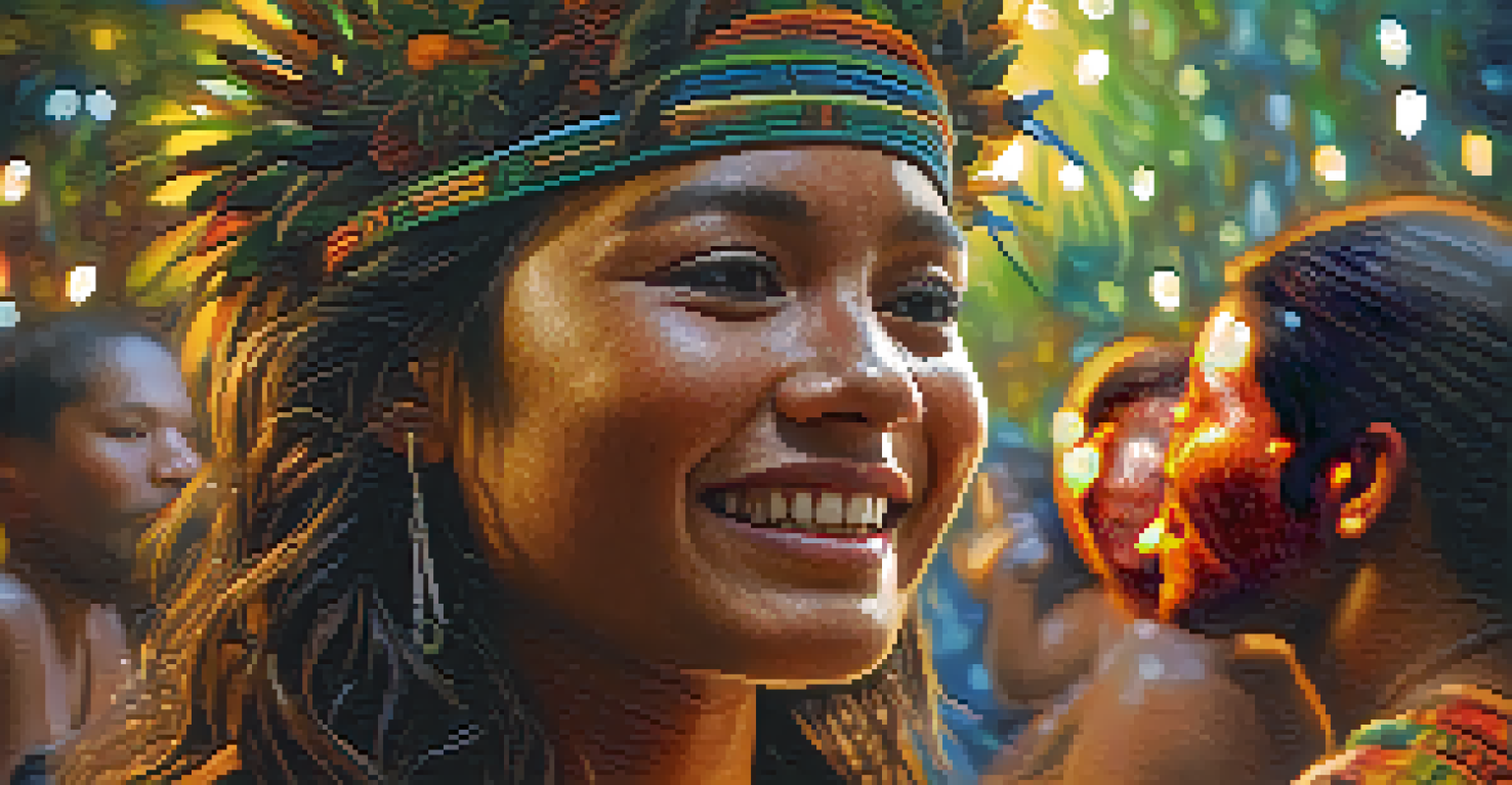 A close-up of a participant at an Ayahuasca ceremony expressing emotions, with blurred figures of others in the background.