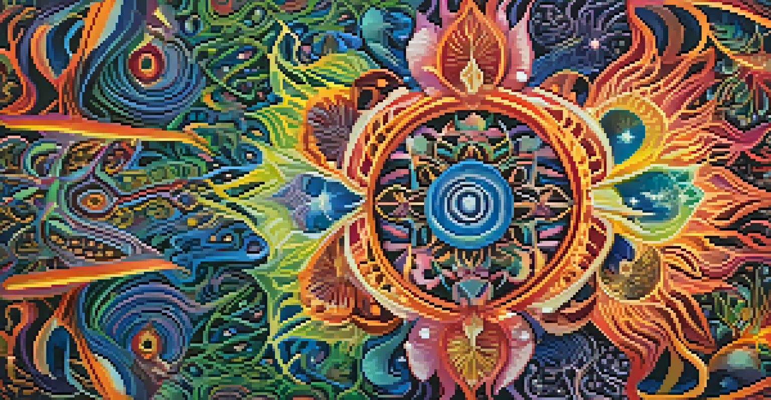 A close-up of colorful swirling patterns representing a mystical Ayahuasca experience, symbolizing interconnectedness with nature and the universe.