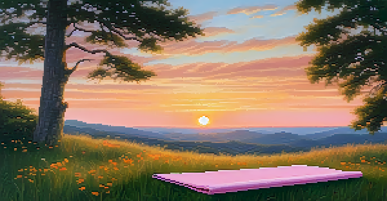 A peaceful meditation scene on a grassy hilltop at sunset, with a yoga mat and blooming wildflowers.