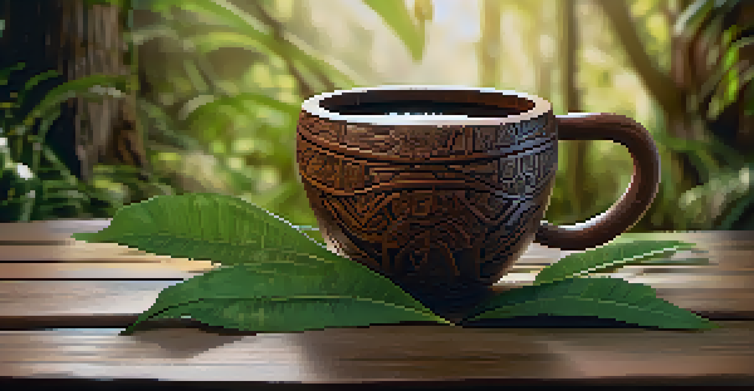 A close-up of a wooden cup filled with Ayahuasca brew on a stone surface, surrounded by lush greenery.