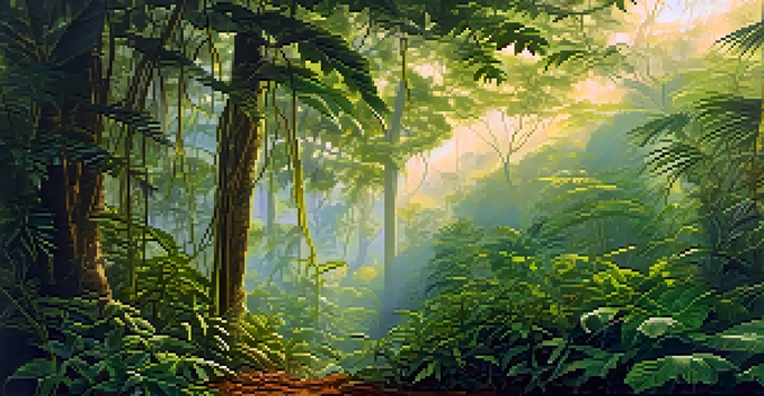A peaceful Amazon rainforest at sunrise with lush green vines and misty surroundings.