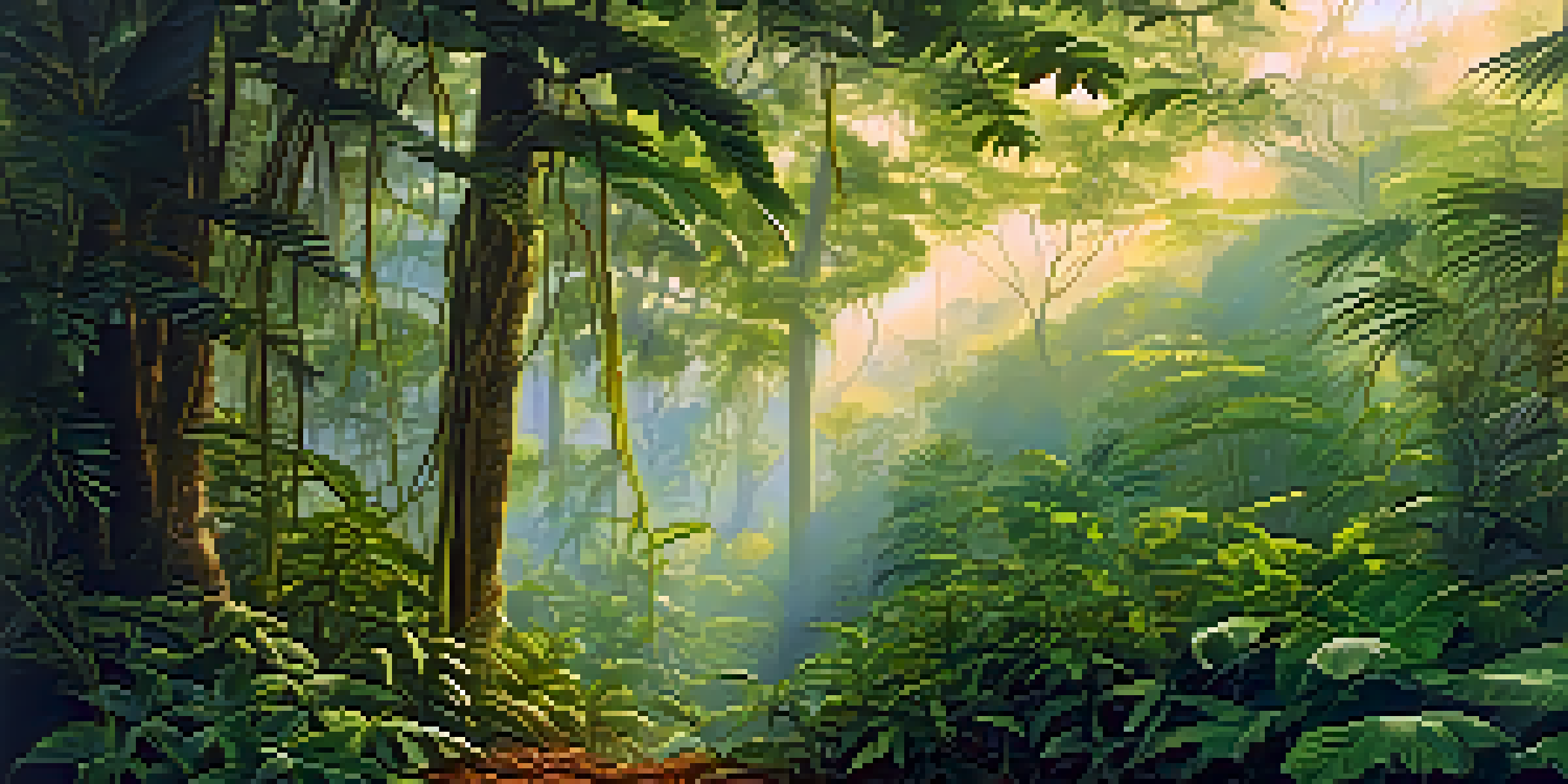 A peaceful Amazon rainforest at sunrise with lush green vines and misty surroundings.